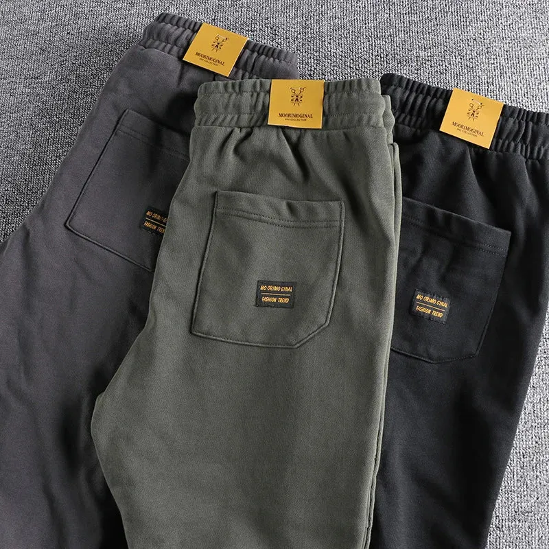 American Retro Cargo Knitted Sweatpants - Men's Pure Cotton Washed Heavyweight Sports Casual Ankle-tied Pants