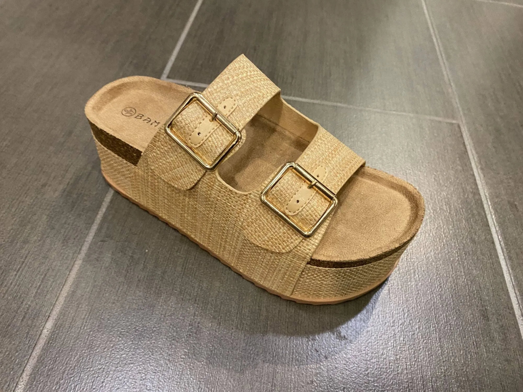 Bamboo Thick Cork Platform Double Buckle Strap Sandals