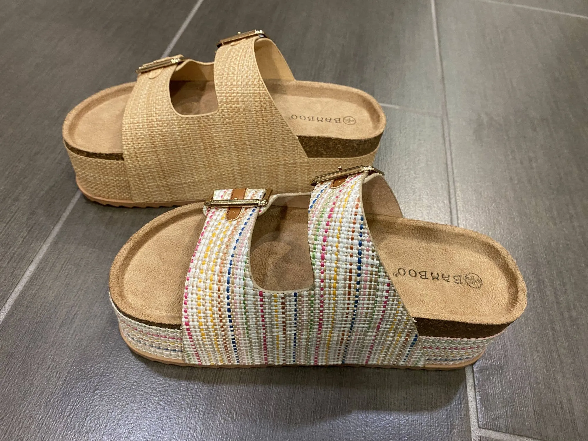 Bamboo Thick Cork Platform Double Buckle Strap Sandals