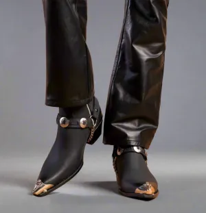 Black Italian Leather  Zipper Western Cowboy Boots With Metal Toe Plate - Cowboy Boots