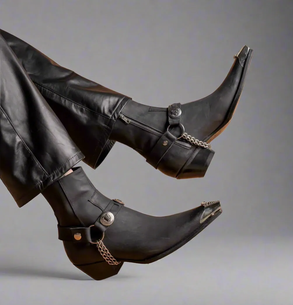 Black Italian Leather  Zipper Western Cowboy Boots With Metal Toe Plate - Cowboy Boots