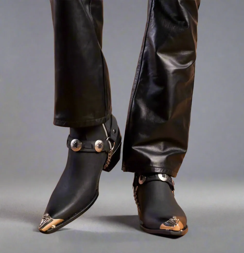 Black Italian Leather  Zipper Western Cowboy Boots With Metal Toe Plate - Cowboy Boots