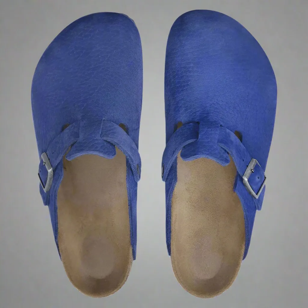 Blue Nubuck Leather Pedestal Platforms Clogs - Clogs