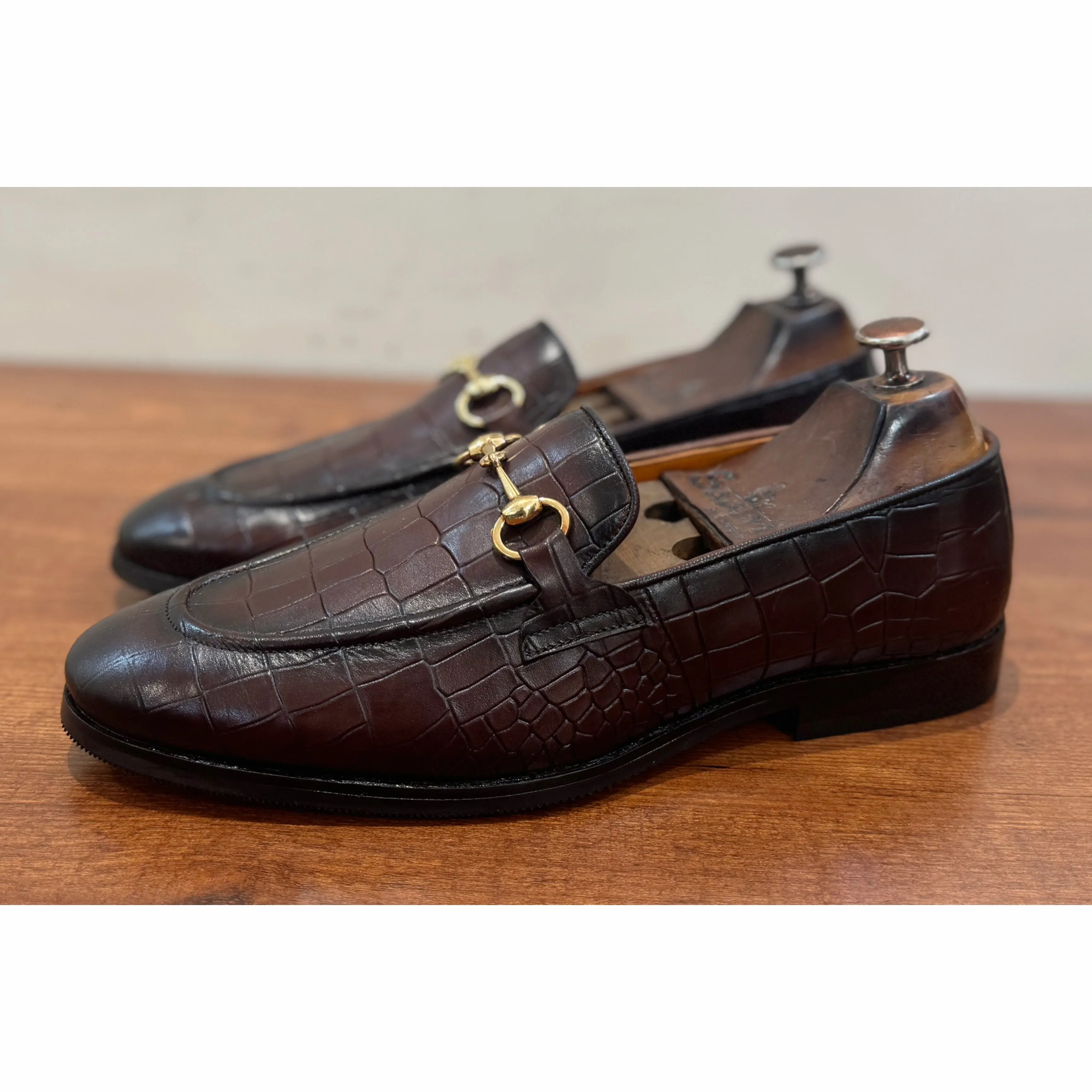 Brown Croco Horsebit Loafers