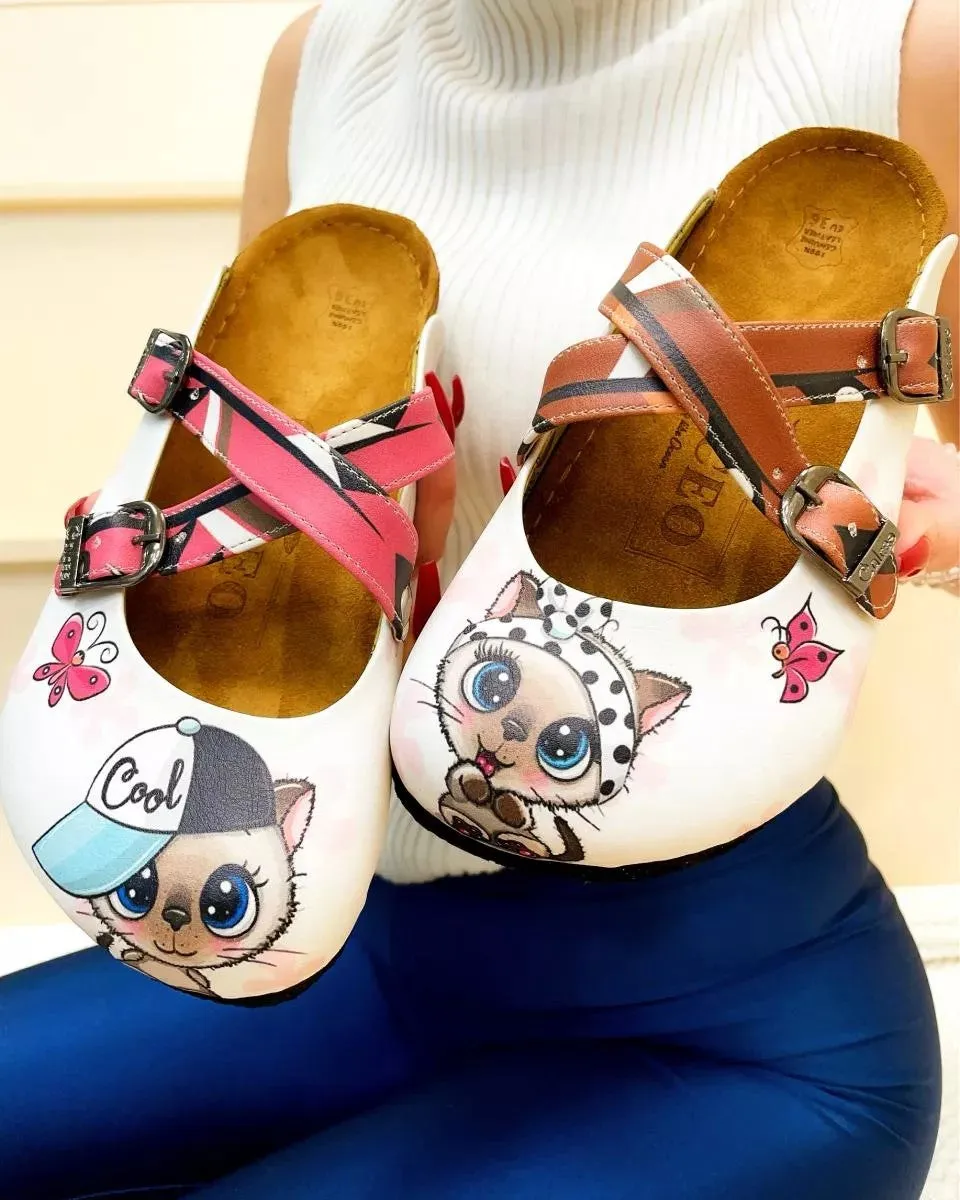 Cream & Pink Cat Crisscross-Strap Clogs - WCAL3212