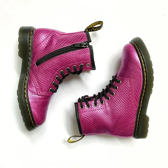 DR. MARTENS 1460 PINK REPTILE EMBOSSED LACE UP ANKLE BOOTS