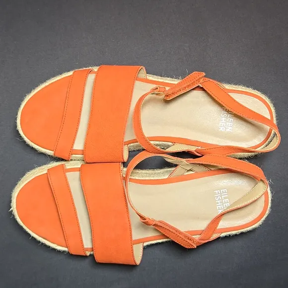 Eileen Fisher Leather Devi Tangelo Tumbled Nubuck Espadrills Platform Sandals