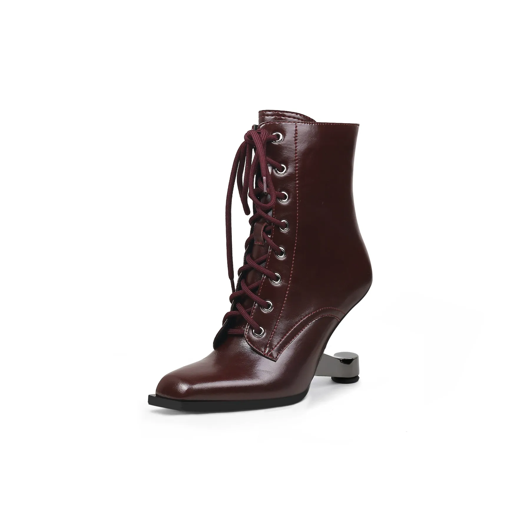Elevator Heel Leather Bootie Claret