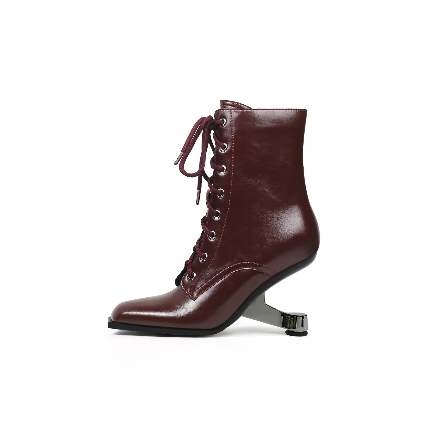 Elevator Heel Leather Bootie Claret