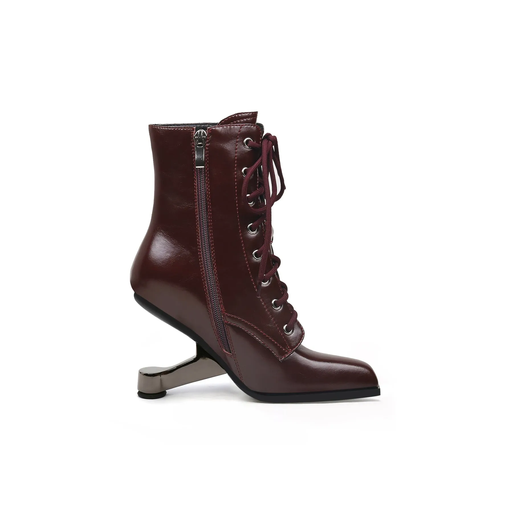 Elevator Heel Leather Bootie Claret