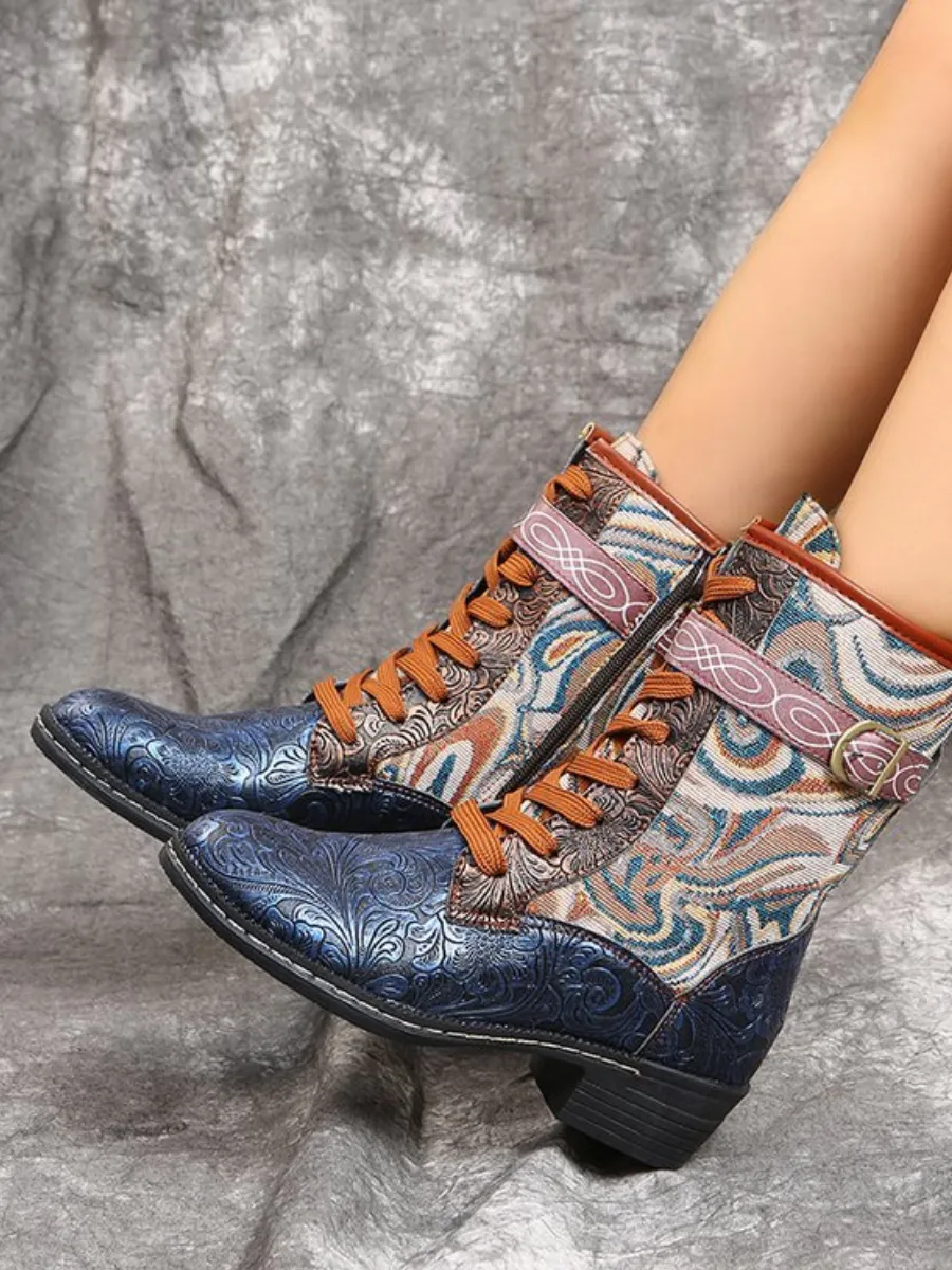 Embossed Aboriginal Art Print Ankle Combat Boots - Blue