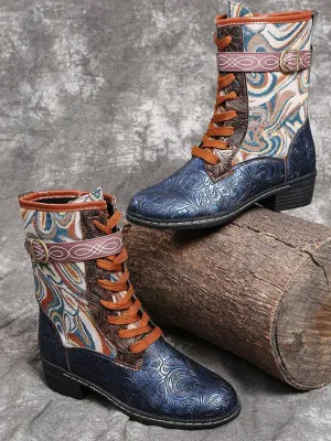 Embossed Aboriginal Art Print Ankle Combat Boots - Blue
