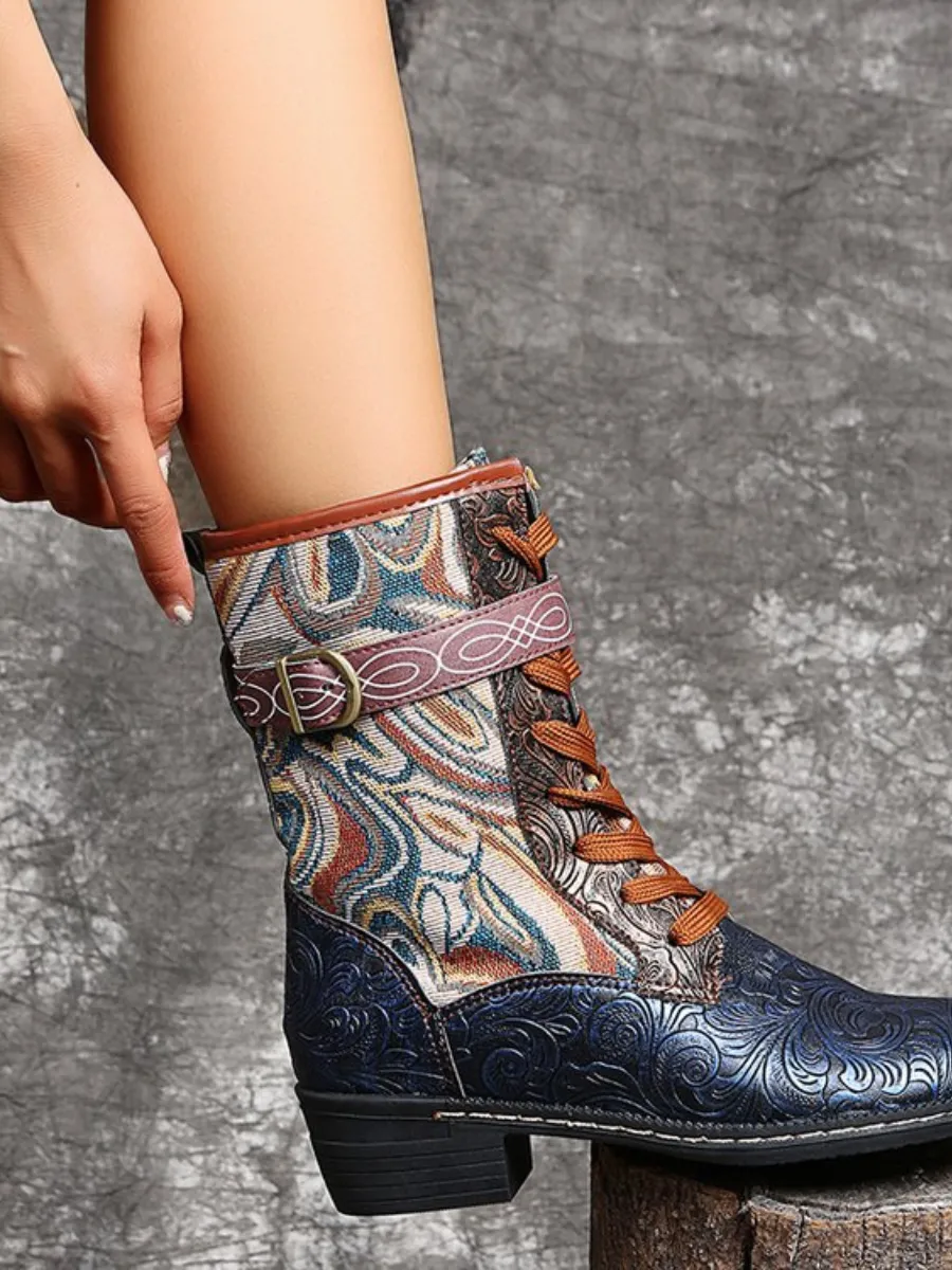 Embossed Aboriginal Art Print Ankle Combat Boots - Blue