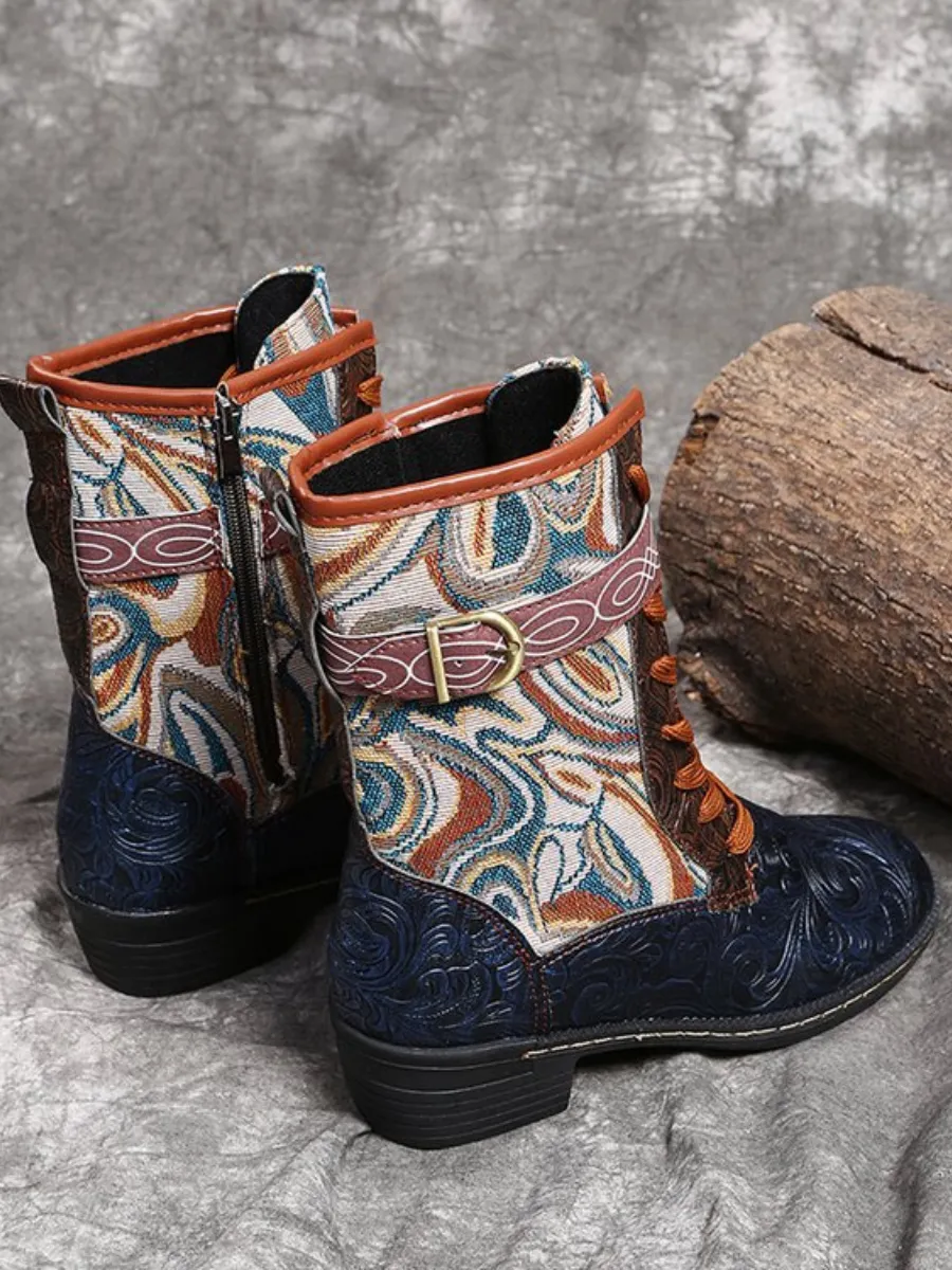Embossed Aboriginal Art Print Ankle Combat Boots - Blue