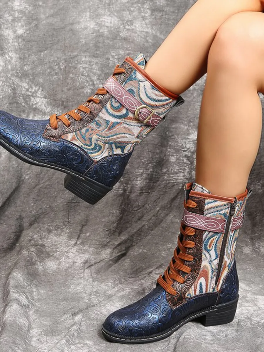 Embossed Aboriginal Art Print Ankle Combat Boots - Blue