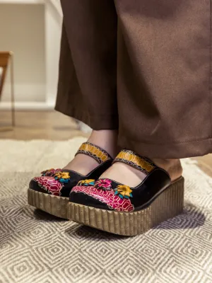 Genuine Leather Black Ribbed-Sole Tri-Floral Appliqued Clogs