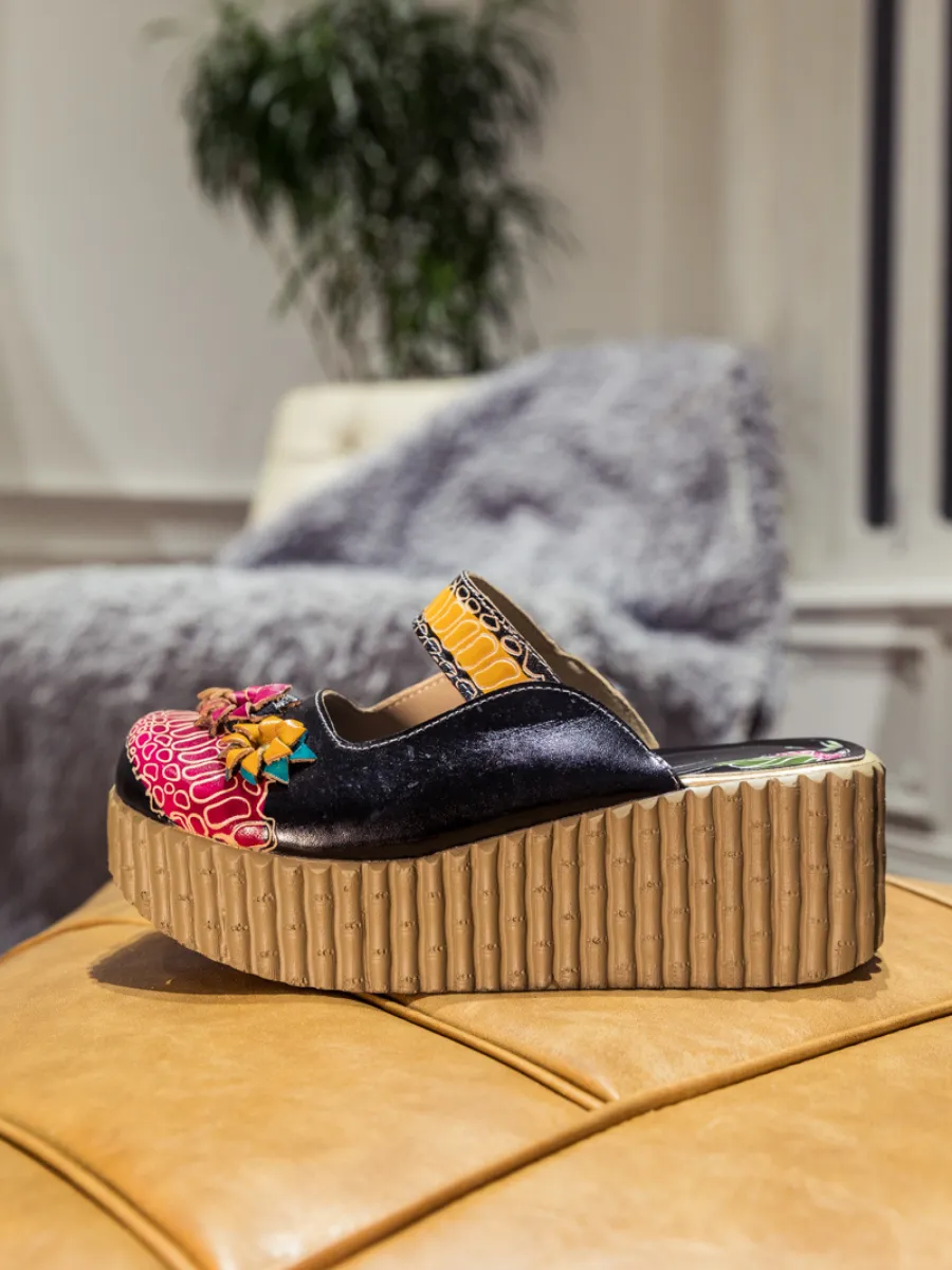 Genuine Leather Black Ribbed-Sole Tri-Floral Appliqued Clogs