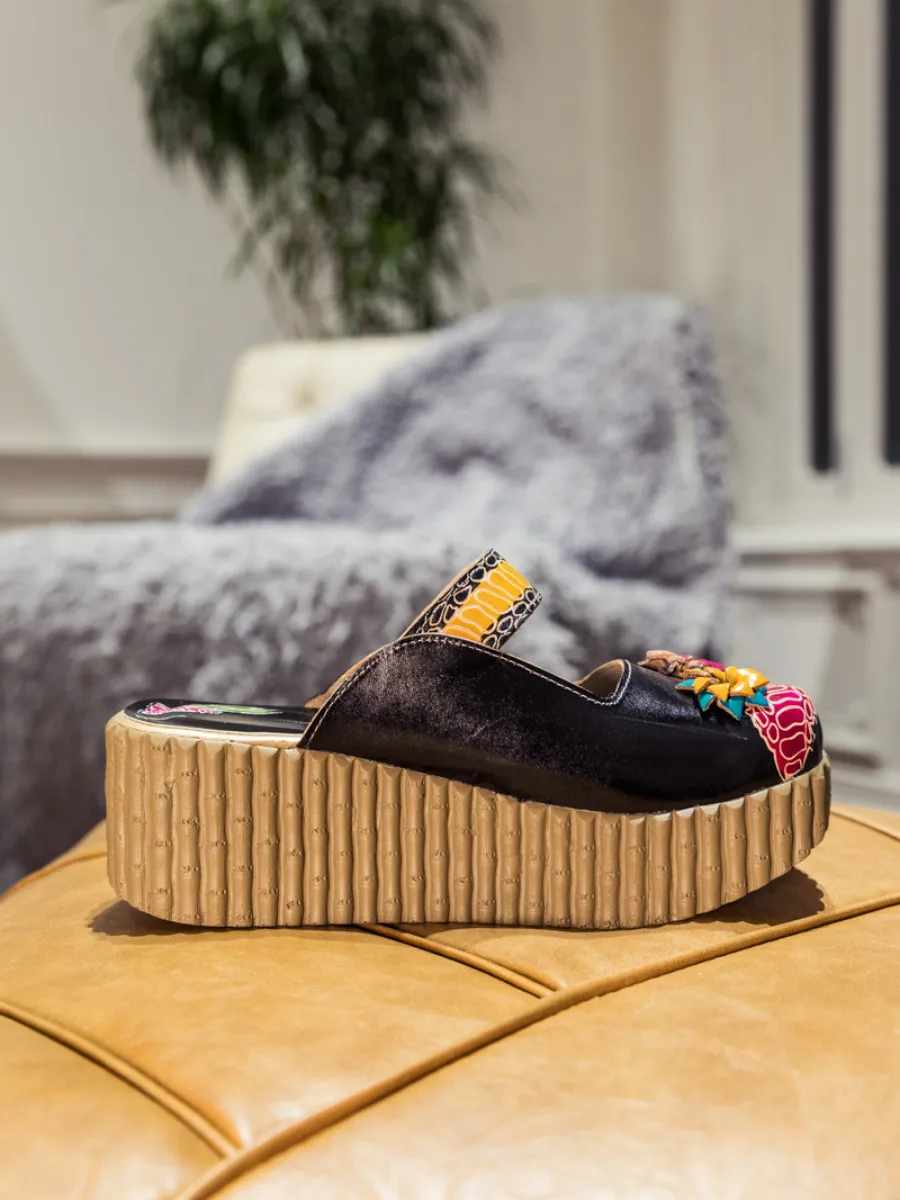Genuine Leather Black Ribbed-Sole Tri-Floral Appliqued Clogs