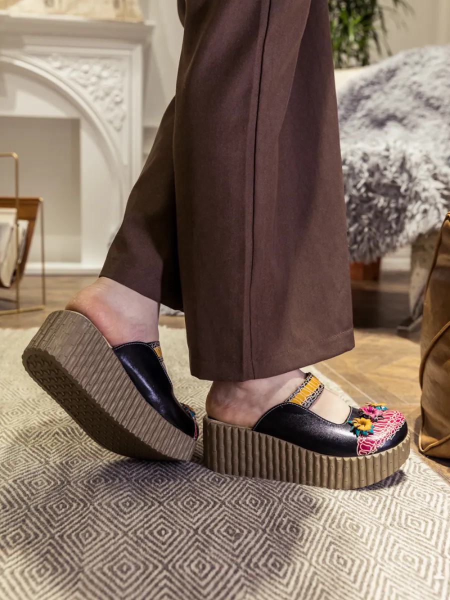 Genuine Leather Black Ribbed-Sole Tri-Floral Appliqued Clogs