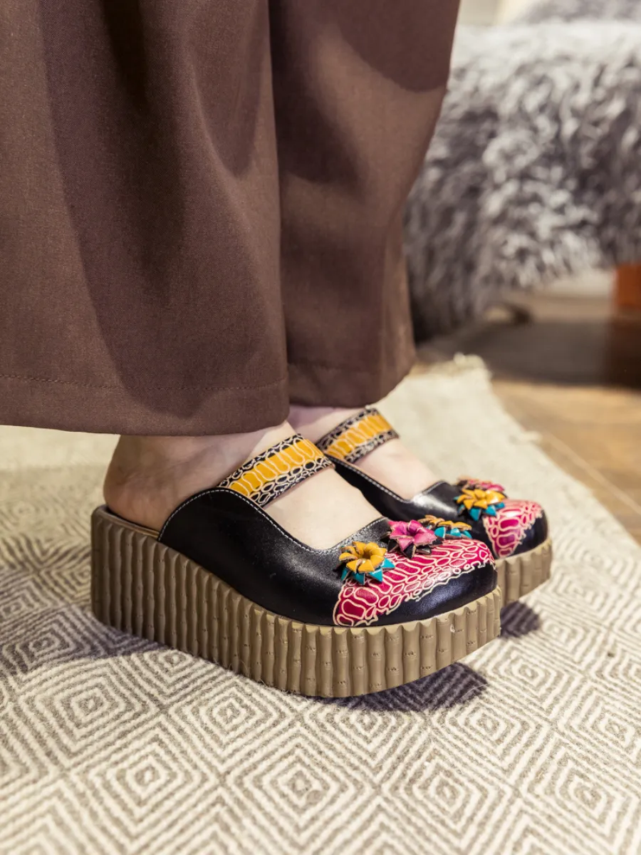 Genuine Leather Black Ribbed-Sole Tri-Floral Appliqued Clogs