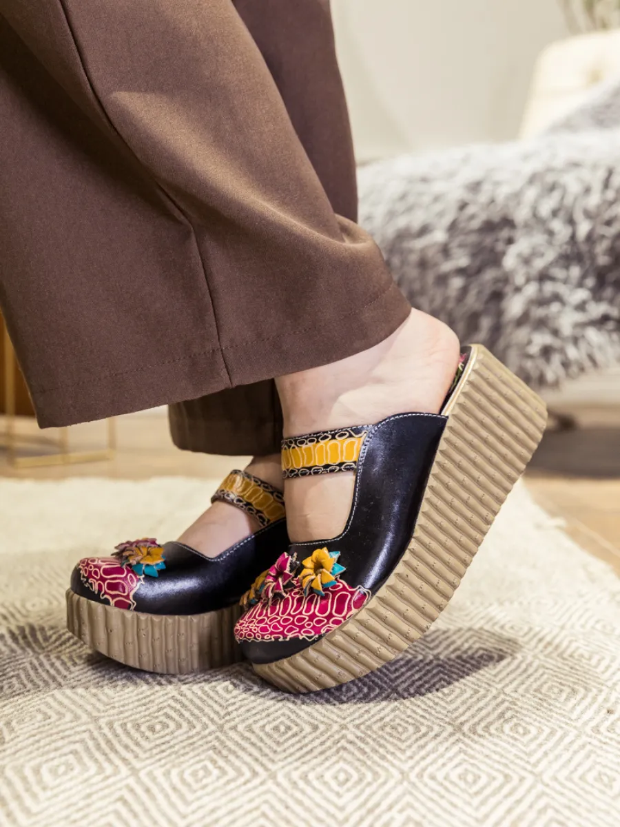 Genuine Leather Black Ribbed-Sole Tri-Floral Appliqued Clogs