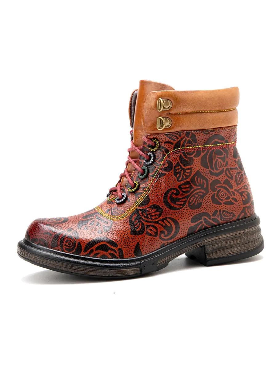 Genuine Leather Rose Leaf Printed Lace Up Combat Boots