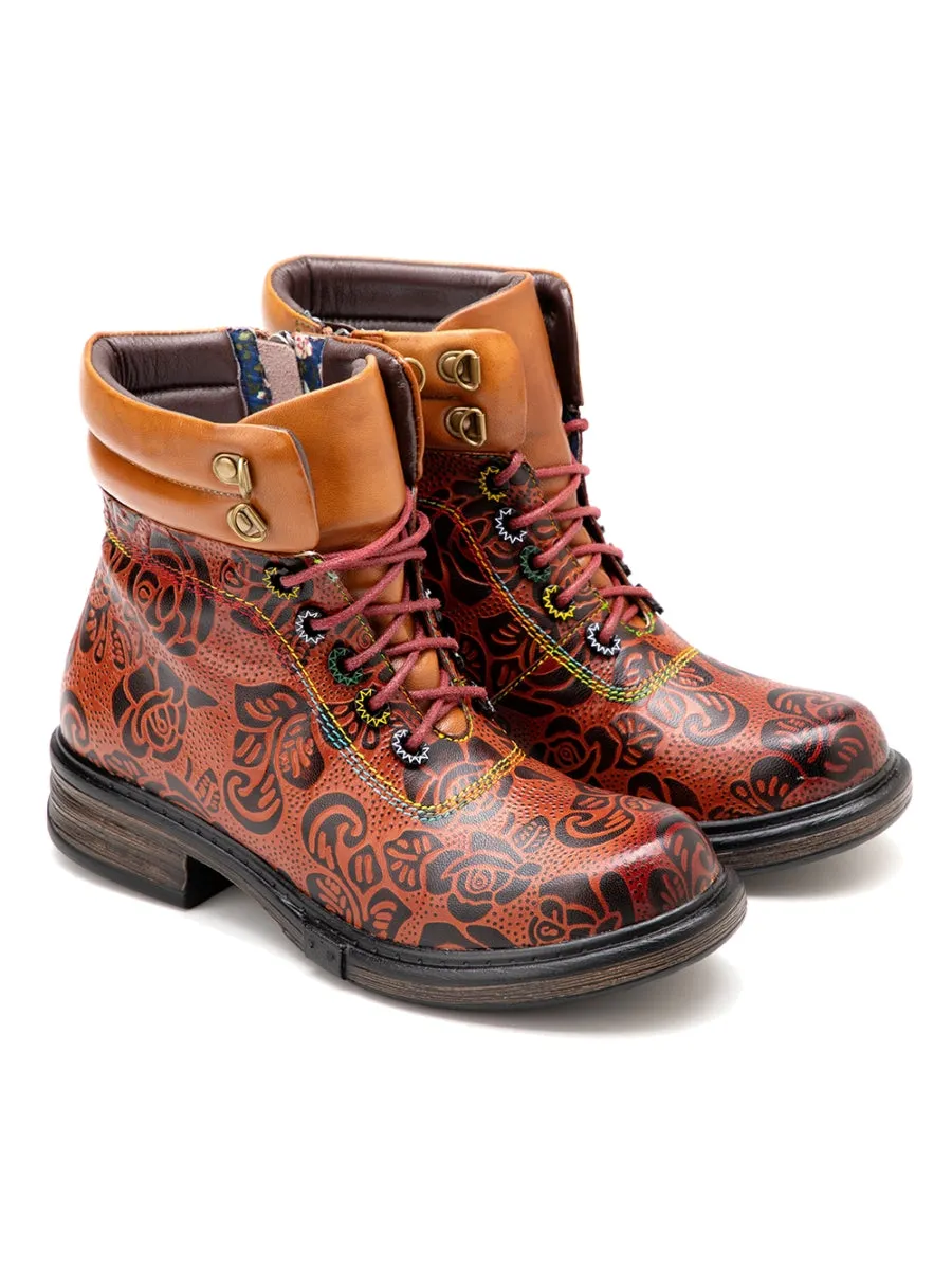 Genuine Leather Rose Leaf Printed Lace Up Combat Boots