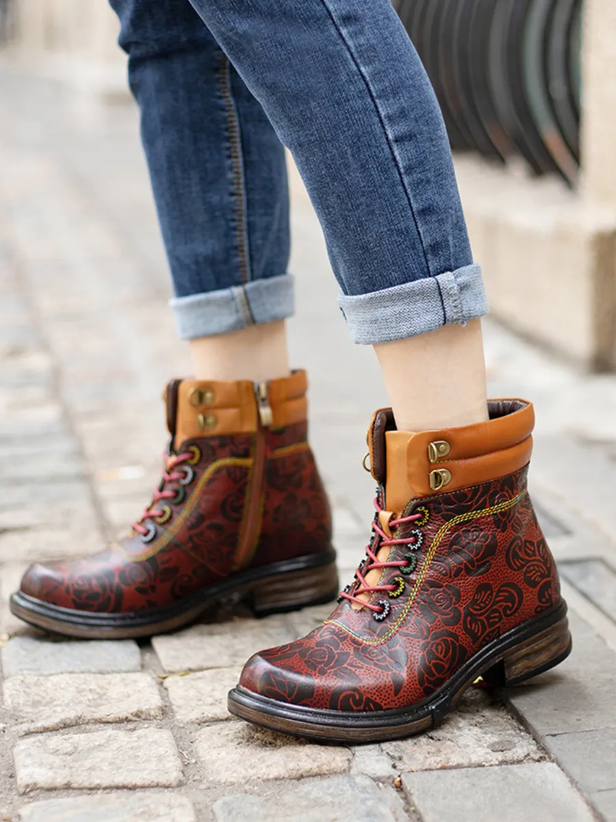 Genuine Leather Rose Leaf Printed Lace Up Combat Boots