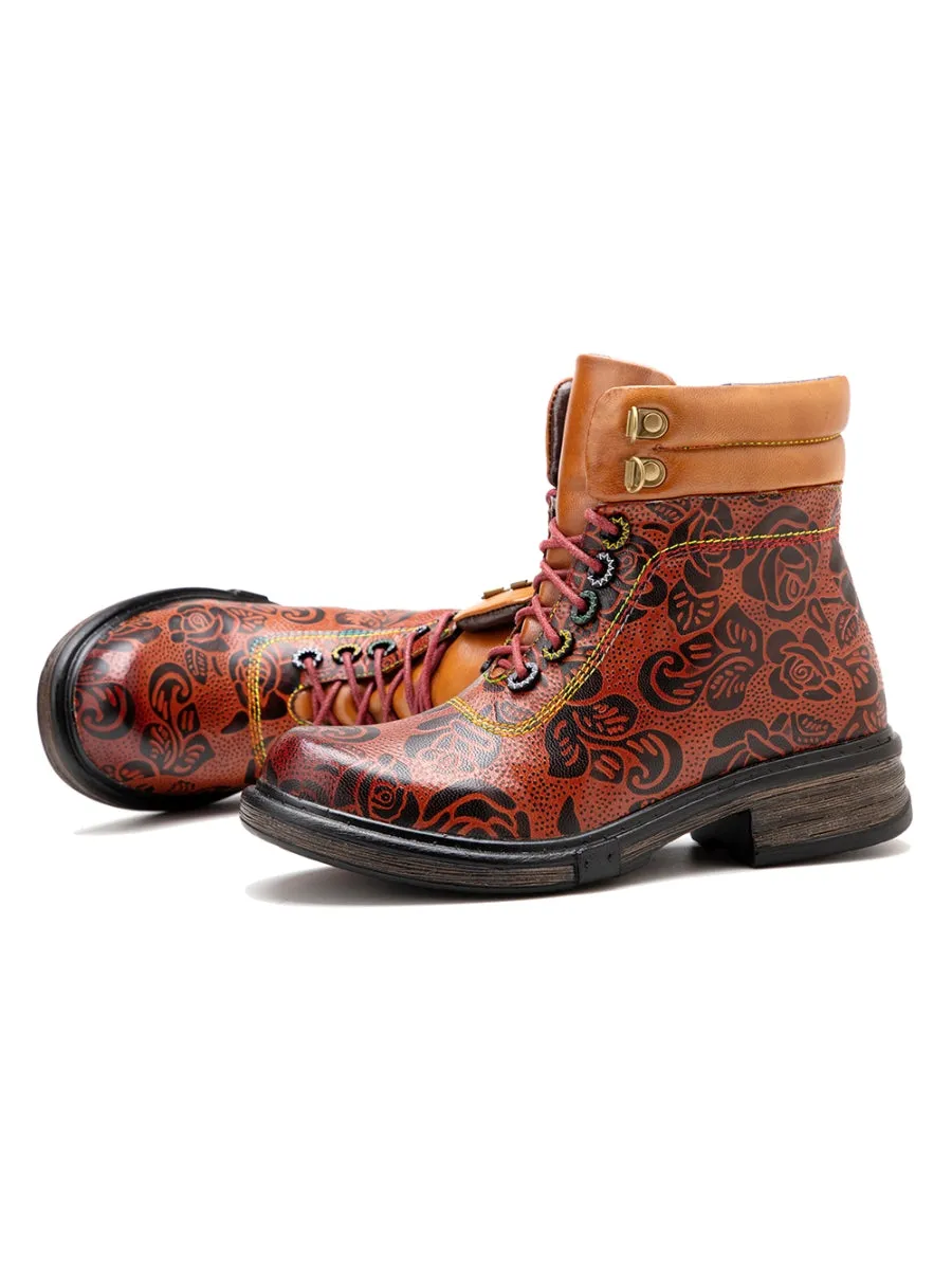 Genuine Leather Rose Leaf Printed Lace Up Combat Boots
