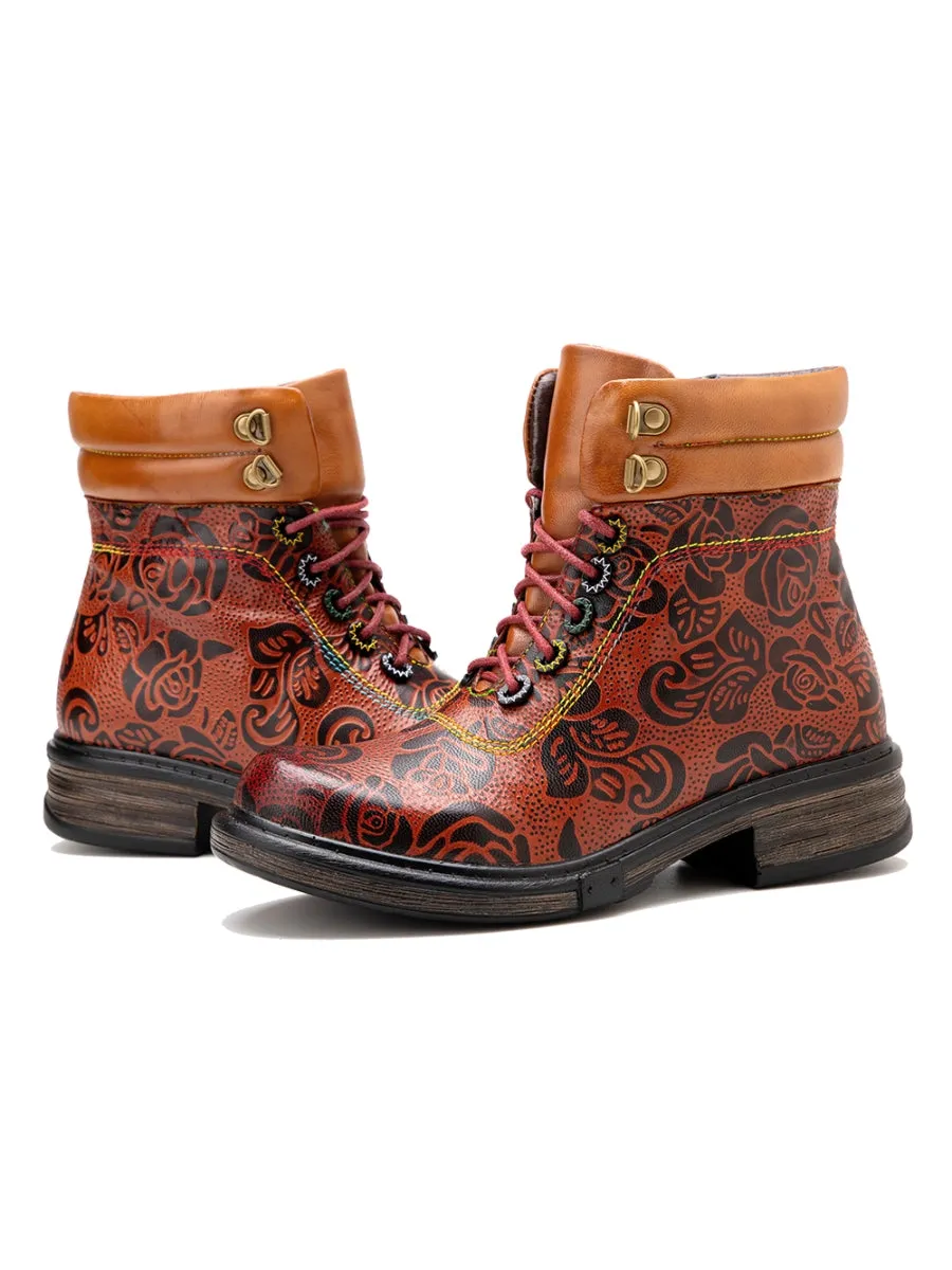 Genuine Leather Rose Leaf Printed Lace Up Combat Boots