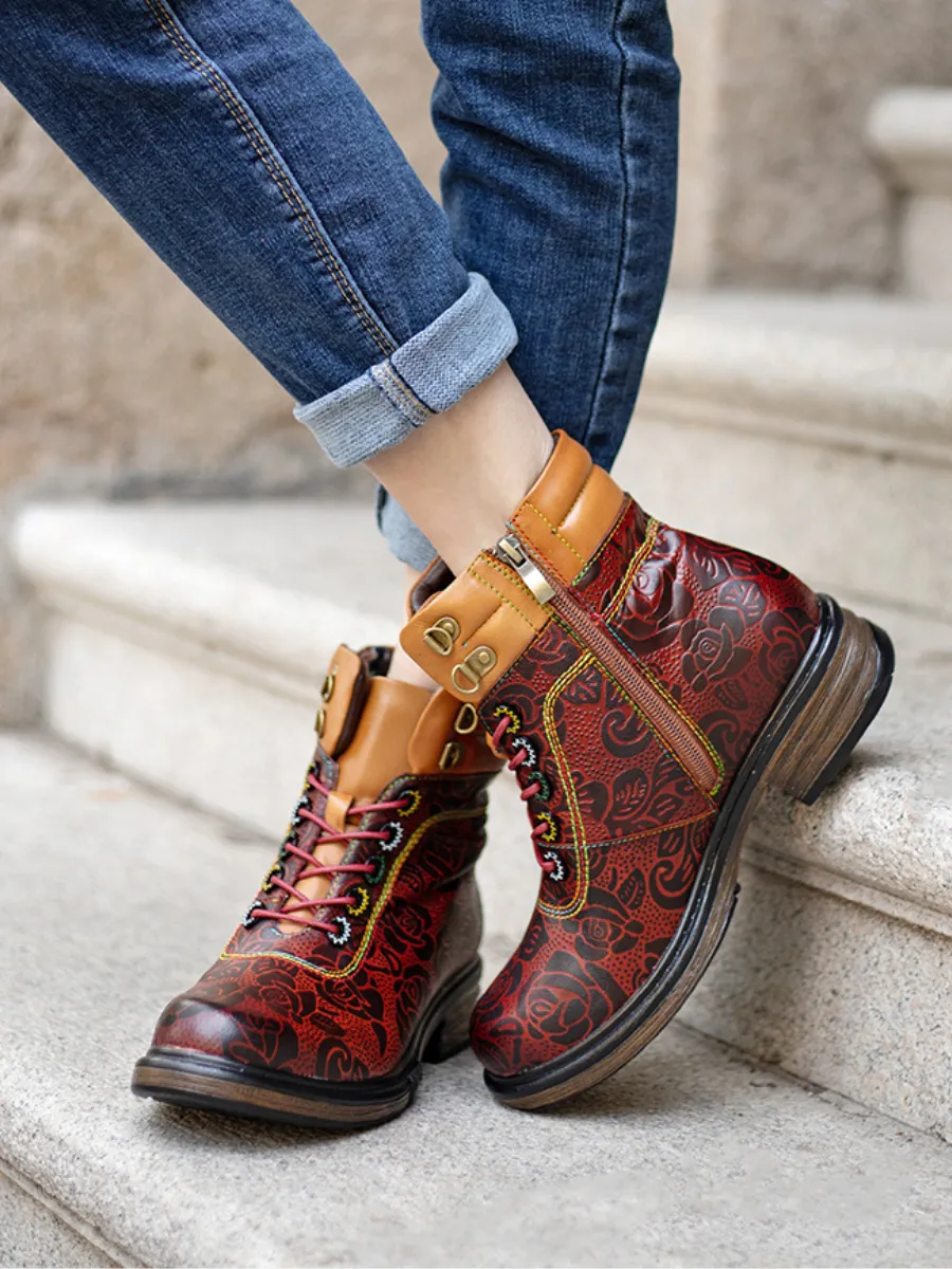 Genuine Leather Rose Leaf Printed Lace Up Combat Boots