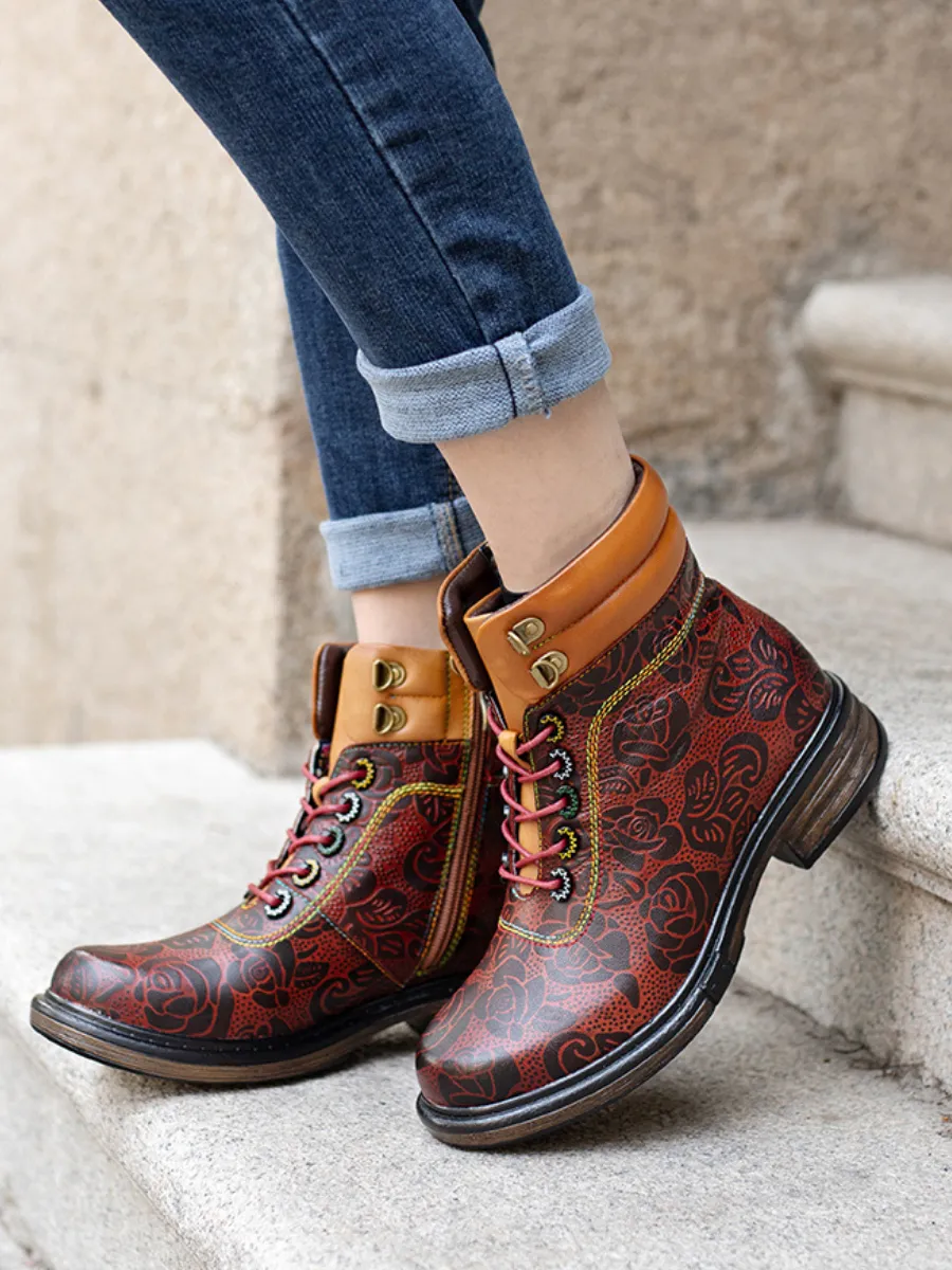 Genuine Leather Rose Leaf Printed Lace Up Combat Boots