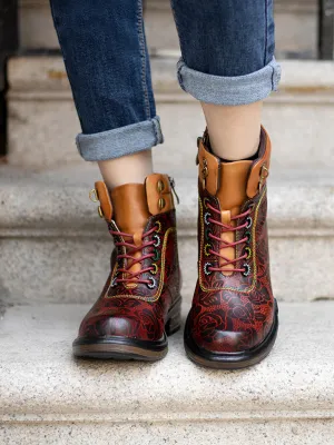 Genuine Leather Rose Leaf Printed Lace Up Combat Boots