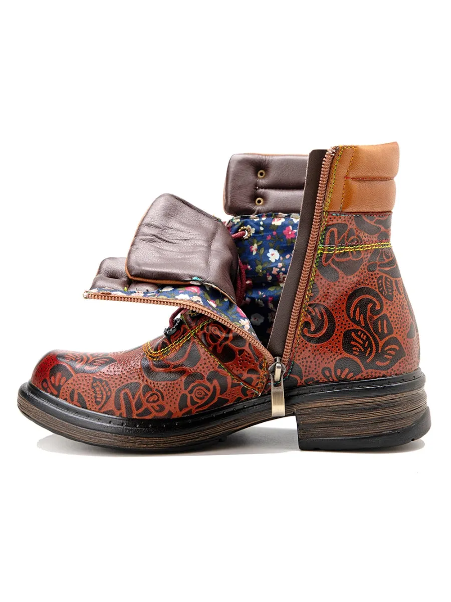 Genuine Leather Rose Leaf Printed Lace Up Combat Boots