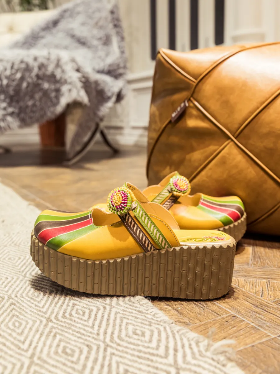Genuine Leather Yellow Ribbed-Sole Floral Appliqued Platform Sandals Clogs