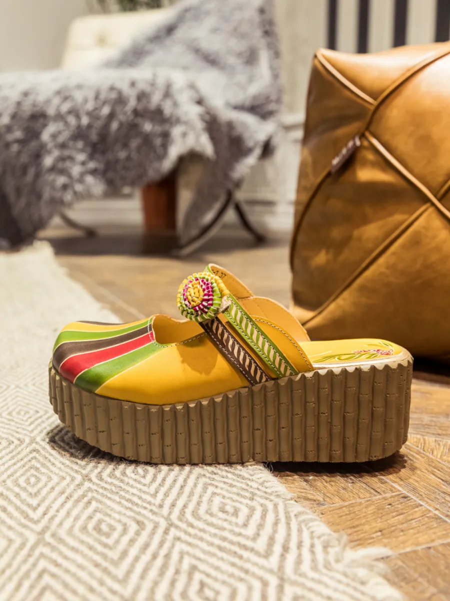 Genuine Leather Yellow Ribbed-Sole Floral Appliqued Platform Sandals Clogs