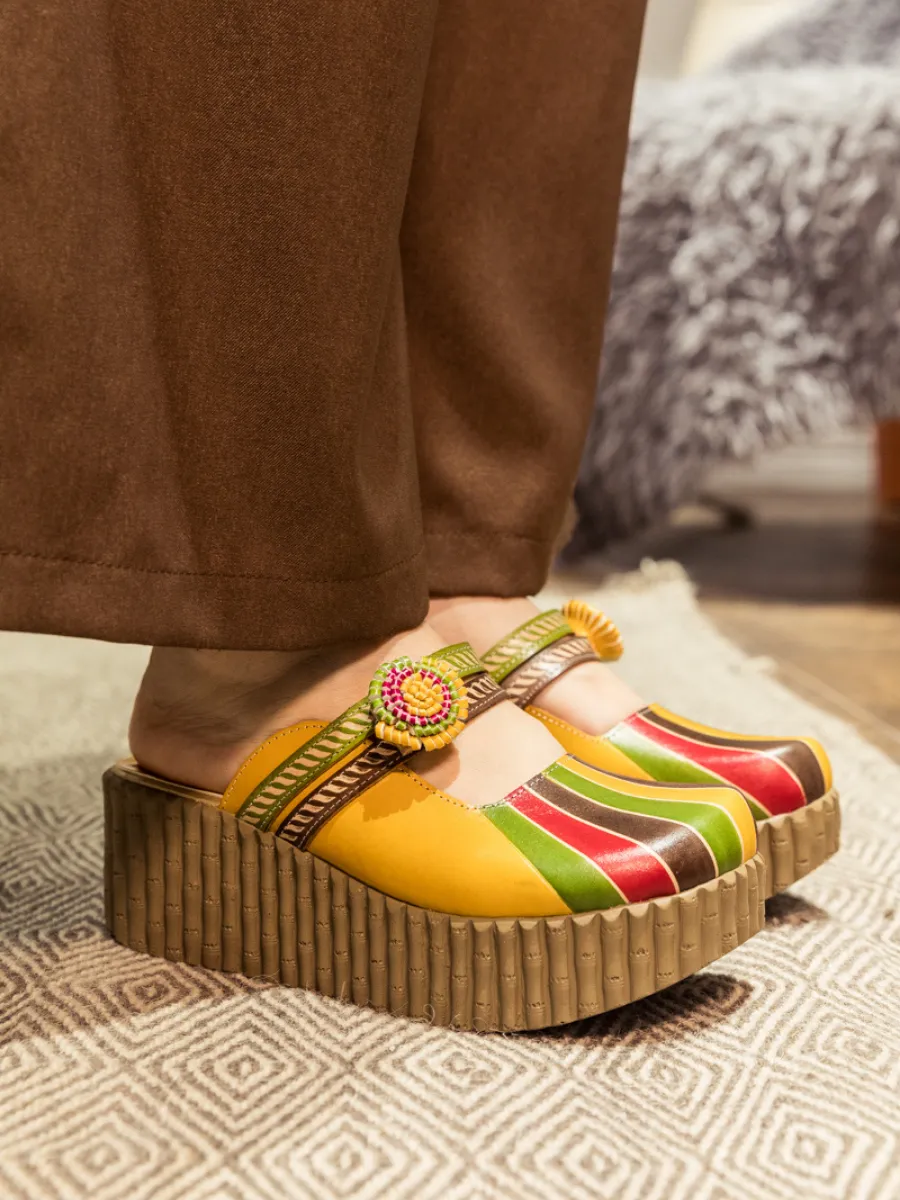 Genuine Leather Yellow Ribbed-Sole Floral Appliqued Platform Sandals Clogs