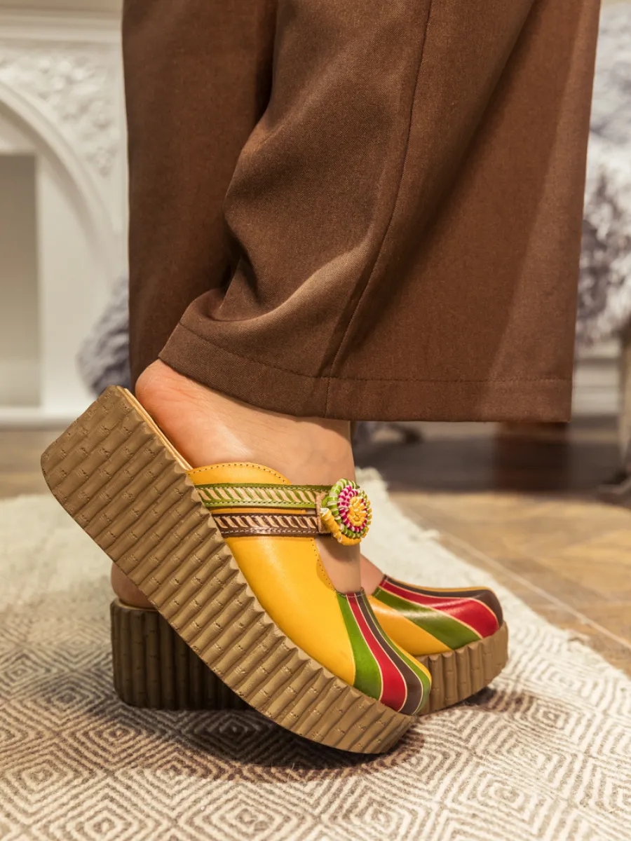 Genuine Leather Yellow Ribbed-Sole Floral Appliqued Platform Sandals Clogs