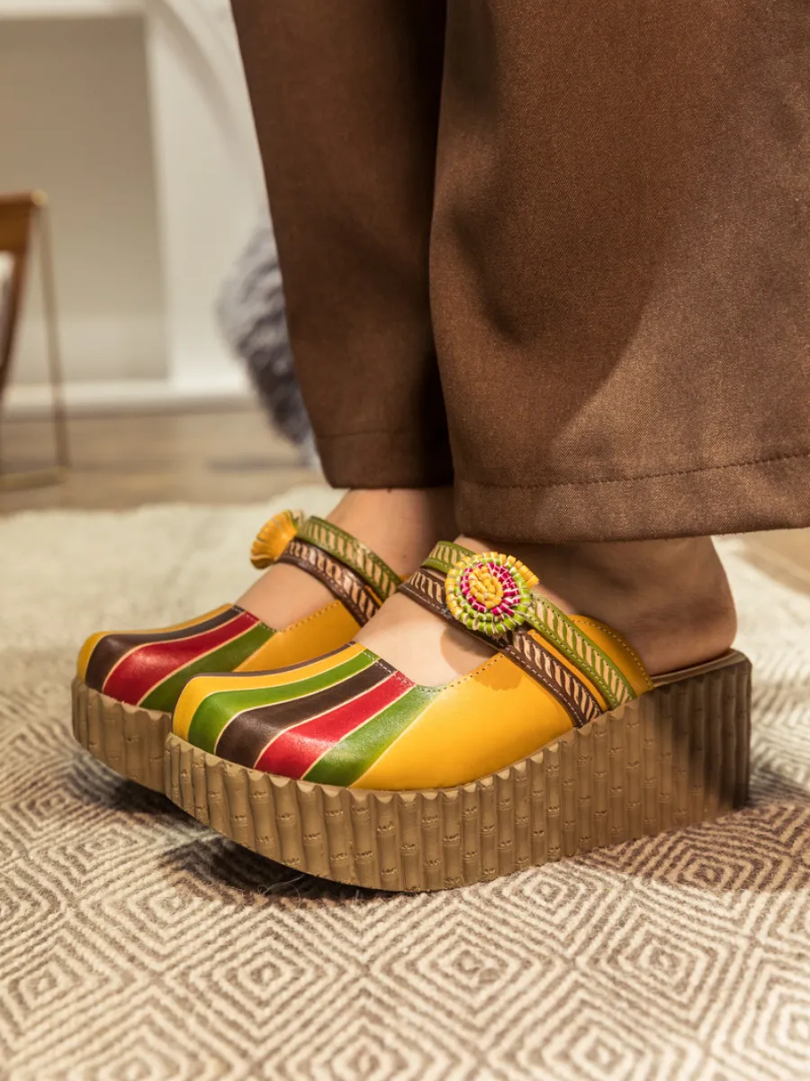 Genuine Leather Yellow Ribbed-Sole Floral Appliqued Platform Sandals Clogs