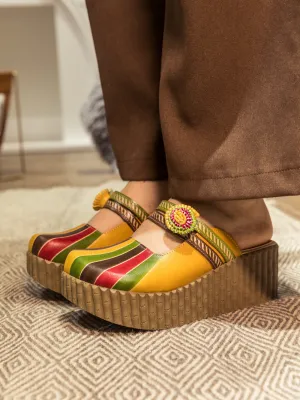 Genuine Leather Yellow Ribbed-Sole Floral Appliqued Platform Sandals Clogs