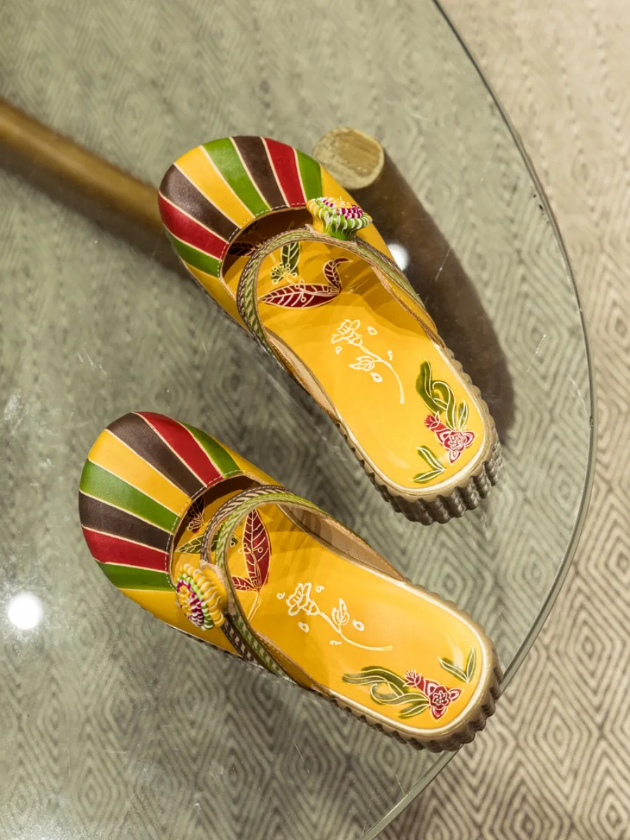 Genuine Leather Yellow Ribbed-Sole Floral Appliqued Platform Sandals Clogs