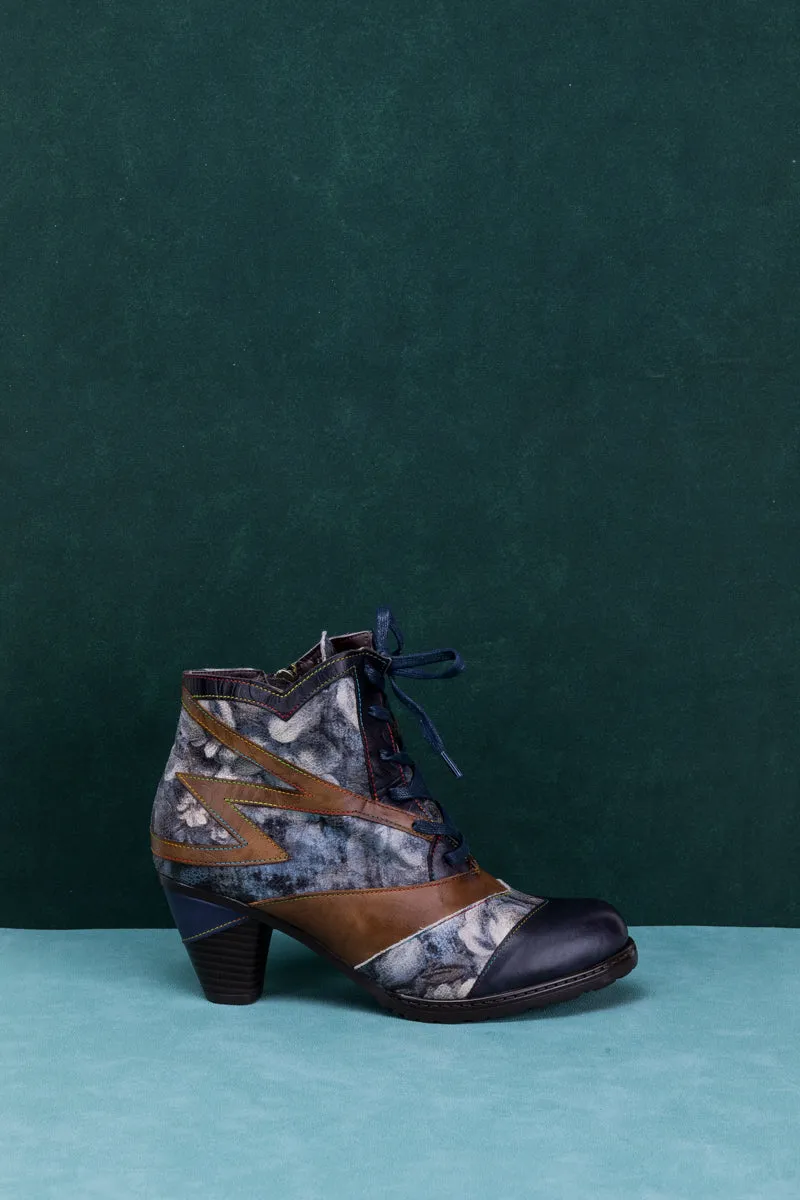 Grey Smoked Floral Lace Up Leather Boot