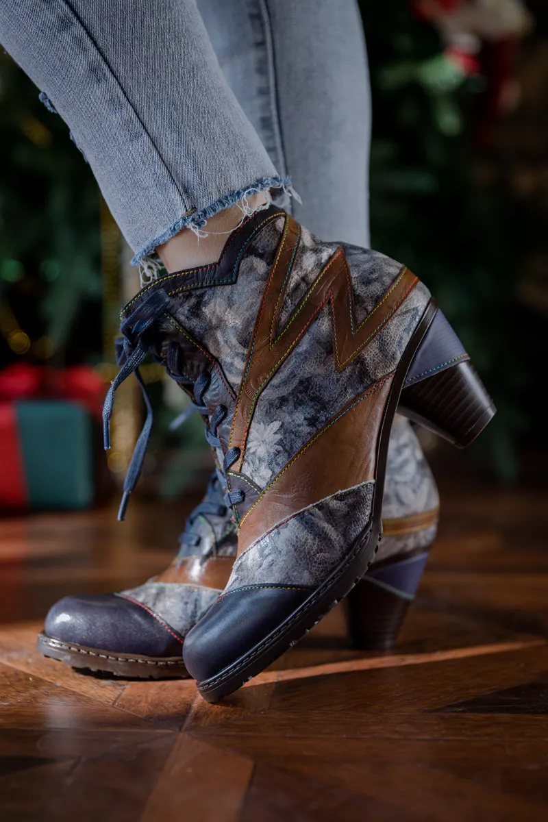 Grey Smoked Floral Lace Up Leather Boot
