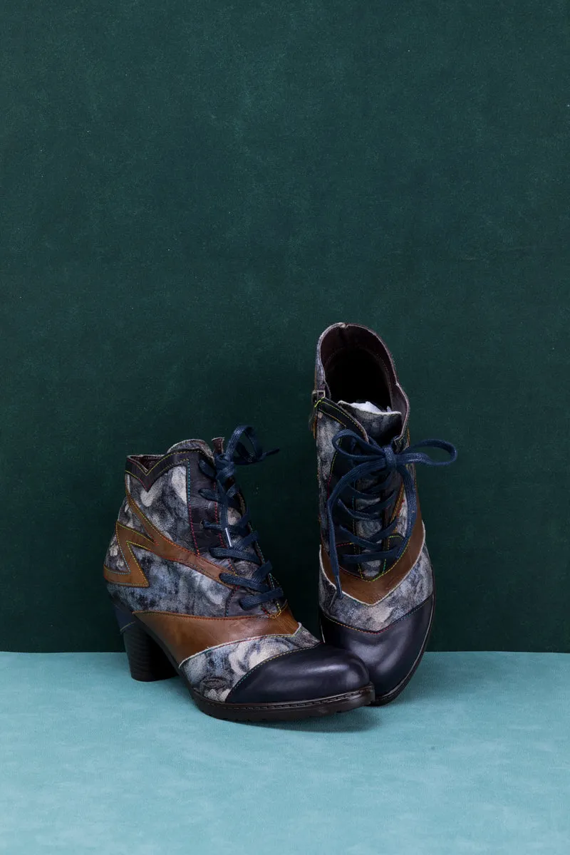 Grey Smoked Floral Lace Up Leather Boot