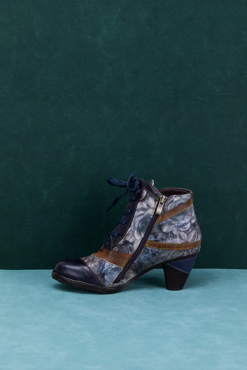 Grey Smoked Floral Lace Up Leather Boot