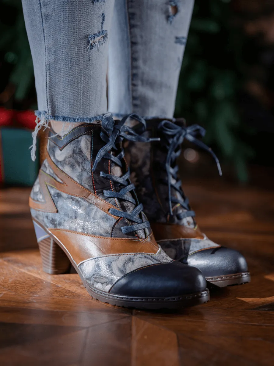 Grey Smoked Floral Lace Up Leather Boot