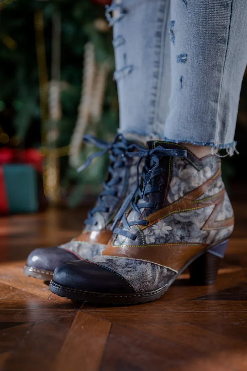 Grey Smoked Floral Lace Up Leather Boot