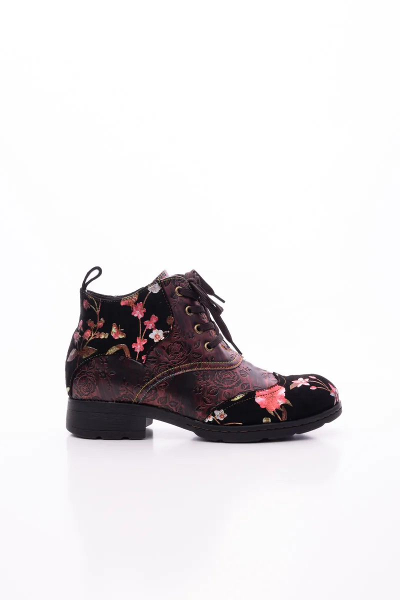 Jordie Floral Embossed Leather Combat Boots - Red