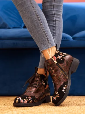 Jordie Floral Embossed Leather Combat Boots - Red