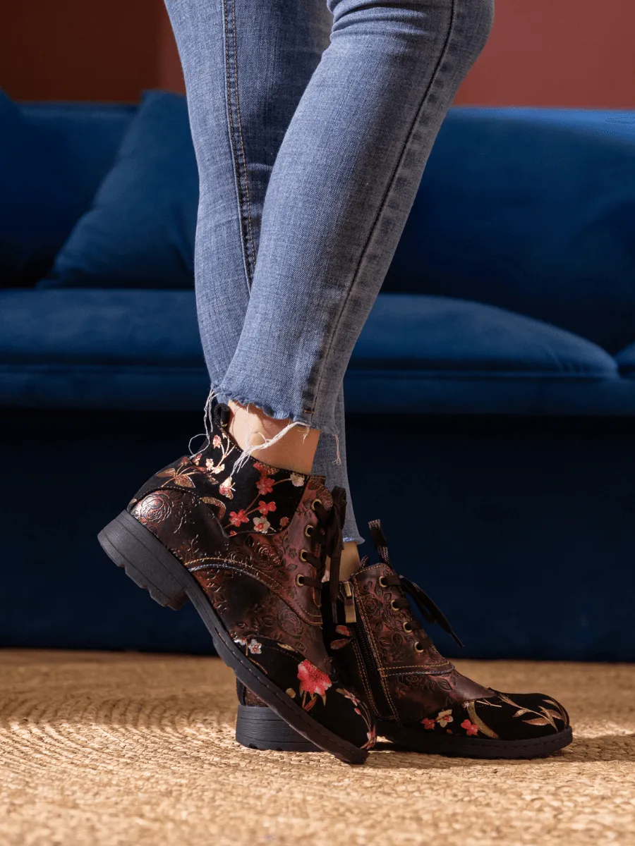 Jordie Floral Embossed Leather Combat Boots - Red